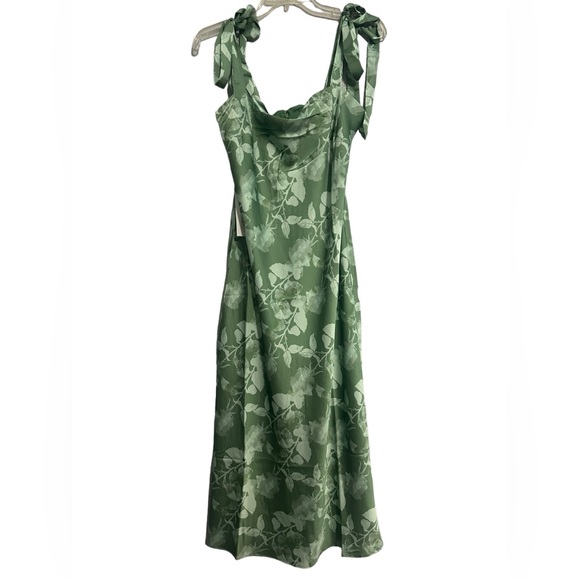 Hutch Women’s White Green Floral Satin Square Neck Tie Shoulder Midi Dress NWT 8 - Picture 3 of 12